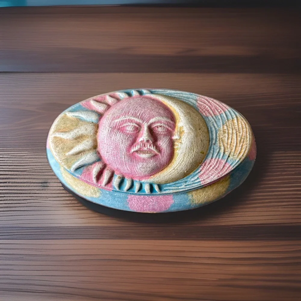 Celestial 3D Sun Moon Candle Trinket Box Hand Painted Pottery Whimsigoth Read